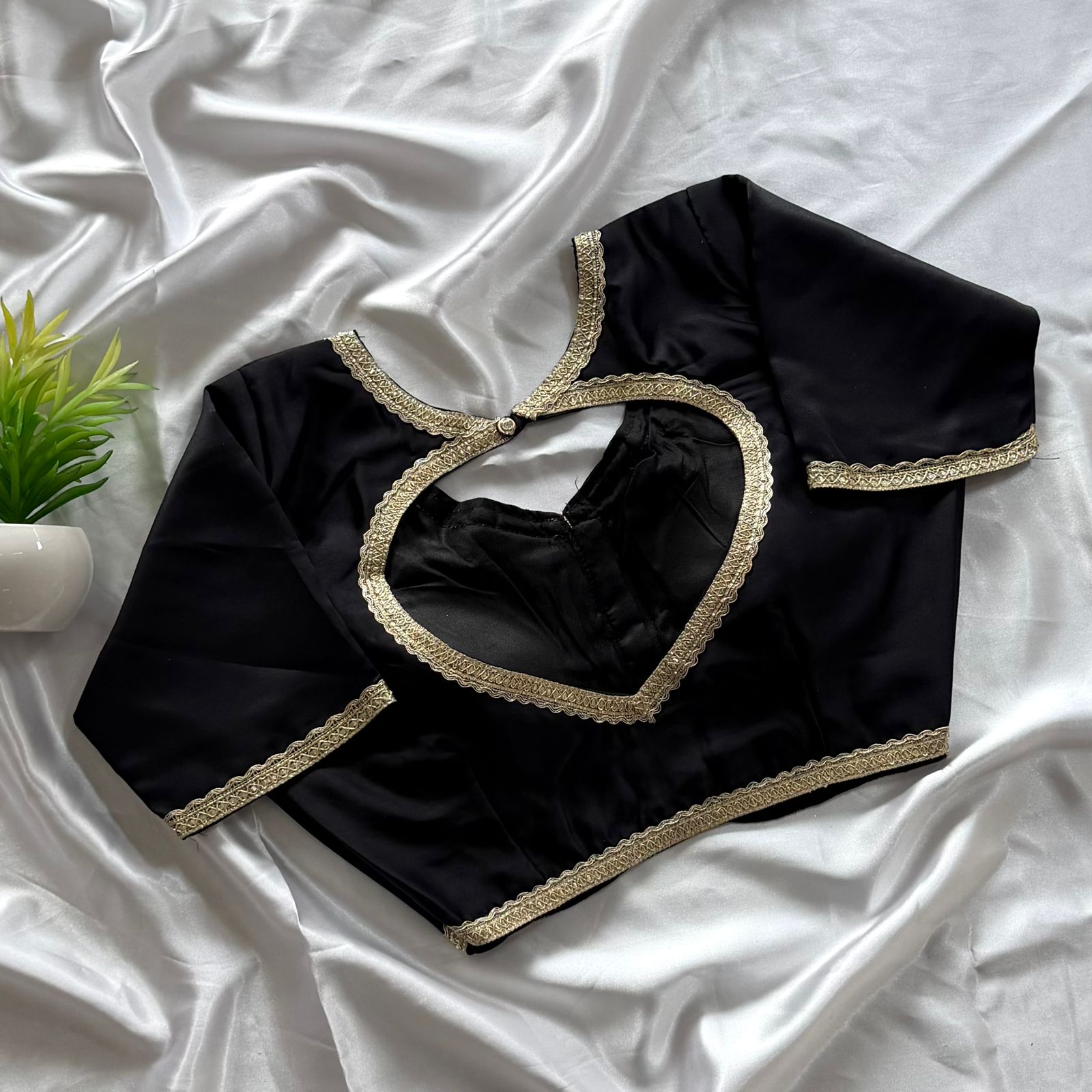 Bollywood Style Embroidery Lace Silk Blouse (Big Size)-Black